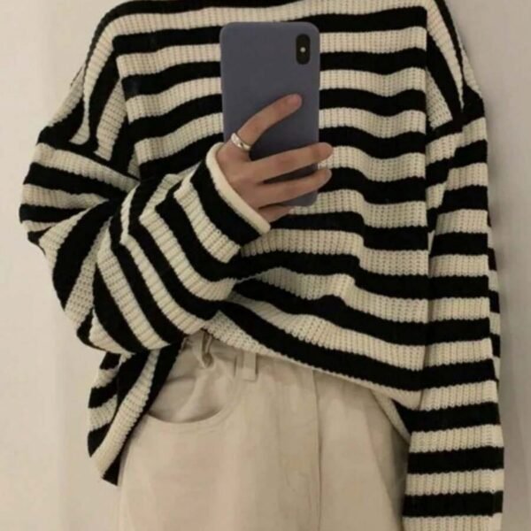 Elorivane Women's Casual Streetwear High Neck Striped Loose Knit Pullover Sweater Fall