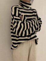 Elorivane Women's Casual Streetwear High Neck Striped Loose Knit Pullover Sweater Fall - Image 4