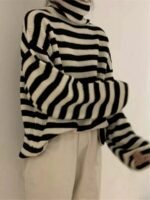 Elorivane Women's Casual Streetwear High Neck Striped Loose Knit Pullover Sweater Fall - Image 6