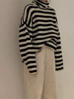 Elorivane Women's Casual Streetwear High Neck Striped Loose Knit Pullover Sweater Fall - Image 2