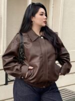 Elorivane Plus Size PU Leather Moto Jacket, Solid Lapel Loose Autumn Winter Outerwear - Image 7