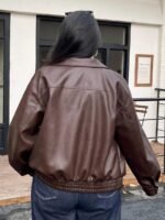 Elorivane Plus Size PU Leather Moto Jacket, Solid Lapel Loose Autumn Winter Outerwear - Image 2