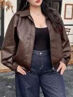 Elorivane Plus Size PU Leather Moto Jacket, Solid Lapel Loose Autumn Winter Outerwear - Image 4