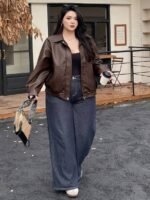 Elorivane Plus Size PU Leather Moto Jacket, Solid Lapel Loose Autumn Winter Outerwear - Image 5