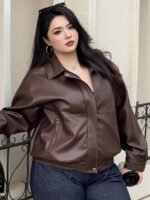 Elorivane Plus Size PU Leather Moto Jacket, Solid Lapel Loose Autumn Winter Outerwear - Image 6