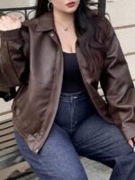 Elorivane Plus Size PU Leather Moto Jacket, Solid Lapel Loose Autumn Winter Outerwear - Image 9