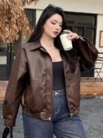 Elorivane Plus Size PU Leather Moto Jacket, Solid Lapel Loose Autumn Winter Outerwear - Image 8