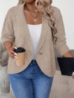 Elorivane Plus Size Solid Color Loose Fit Long Sleeve Cardigan for Fall Winter Casual Wear - Image 9