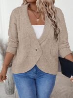 Elorivane Plus Size Solid Color Loose Fit Long Sleeve Cardigan for Fall Winter Casual Wear - Image 11