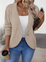 Elorivane Plus Size Solid Color Loose Fit Long Sleeve Cardigan for Fall Winter Casual Wear - Image 13