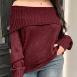 Elorivane Plus Size Burgundy Sweater, Christmas Off-Shoulder Loose Pullover Autumn Winter Top