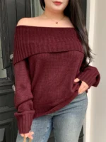 Elorivane Plus Size Burgundy Sweater, Christmas Off-Shoulder Loose Pullover Autumn Winter Top