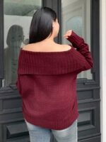 Elorivane Plus Size Burgundy Sweater, Christmas Off-Shoulder Loose Pullover Autumn Winter Top - Image 2