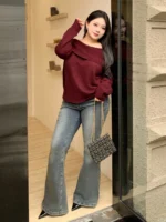 Elorivane Plus Size Burgundy Sweater, Christmas Off-Shoulder Loose Pullover Autumn Winter Top - Image 3