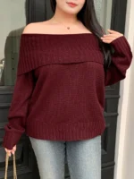 Elorivane Plus Size Burgundy Sweater, Christmas Off-Shoulder Loose Pullover Autumn Winter Top - Image 4