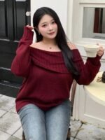 Elorivane Plus Size Burgundy Sweater, Christmas Off-Shoulder Loose Pullover Autumn Winter Top - Image 5
