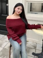 Elorivane Plus Size Burgundy Sweater, Christmas Off-Shoulder Loose Pullover Autumn Winter Top - Image 6