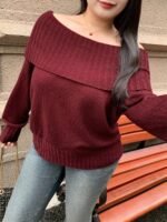 Elorivane Plus Size Burgundy Sweater, Christmas Off-Shoulder Loose Pullover Autumn Winter Top - Image 7