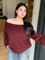 Elorivane Plus Size Burgundy Sweater, Christmas Off-Shoulder Loose Pullover Autumn Winter Top - Image 8