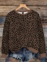 Elorivane Plus Size Leopard Print Sweatshirt, Round Neck Cozy Top, Autumn Winter Casual Wear