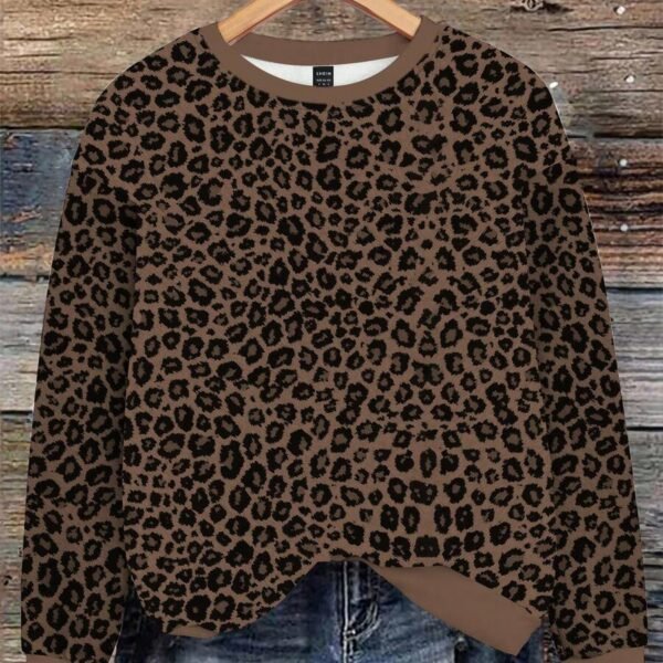 Elorivane Plus Size Leopard Print Sweatshirt, Round Neck Cozy Top, Autumn Winter Casual Wear