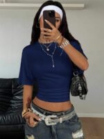 Elorivane Women Dark Grey Ruched Crop Tee, Loose Stretchy Y2K Grunge Summer Streetwear Top - Image 3