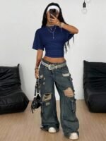 Elorivane Women Dark Grey Ruched Crop Tee, Loose Stretchy Y2K Grunge Summer Streetwear Top - Image 4