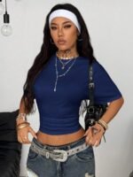 Elorivane Women Dark Grey Ruched Crop Tee, Loose Stretchy Y2K Grunge Summer Streetwear Top - Image 5