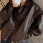 Elorivane Plus Size PU Leather Moto Jacket, Solid Lapel Loose Autumn Winter Outerwear