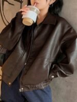 Elorivane Plus Size PU Leather Moto Jacket, Solid Lapel Loose Autumn Winter Outerwear