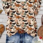 Elorivane Plus Size Beige Round Neck Top Cute Ghost Bat Pumpkin Print Double Layer Flying Sleeve Loose Shirt for Summer Family Matching Casual Wear