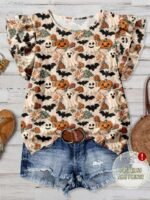Elorivane Plus Size Beige Round Neck Top Cute Ghost Bat Pumpkin Print Double Layer Flying Sleeve Loose Shirt for Summer Family Matching Casual Wear