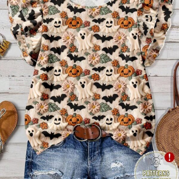 Elorivane Plus Size Beige Round Neck Top Cute Ghost Bat Pumpkin Print Double Layer Flying Sleeve Loose Shirt for Summer Family Matching Casual Wear