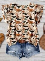 Elorivane Plus Size Beige Round Neck Top Cute Ghost Bat Pumpkin Print Double Layer Flying Sleeve Loose Shirt for Summer Family Matching Casual Wear - Image 2