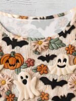 Elorivane Plus Size Beige Round Neck Top Cute Ghost Bat Pumpkin Print Double Layer Flying Sleeve Loose Shirt for Summer Family Matching Casual Wear - Image 6