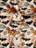 Elorivane Plus Size Beige Round Neck Top Cute Ghost Bat Pumpkin Print Double Layer Flying Sleeve Loose Shirt for Summer Family Matching Casual Wear - Image 4