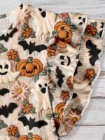 Elorivane Plus Size Beige Round Neck Top Cute Ghost Bat Pumpkin Print Double Layer Flying Sleeve Loose Shirt for Summer Family Matching Casual Wear - Image 5