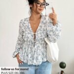 Elorivane Plus Size Blue Ditsy Floral Blouse, V-Neck Tie Long Sleeve Top, Romantic Fall Daily Home Wear
