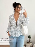 Elorivane Plus Size Blue Ditsy Floral Blouse, V-Neck Tie Long Sleeve Top, Romantic Fall Daily Home Wear