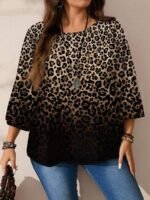 Elorivane Plus Size All-Over Print Loose Round Neck 3/4 Sleeve Blouse for Spring Summer Vacation Fall - Image 5