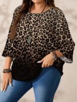 Elorivane Plus Size All-Over Print Loose Round Neck 3/4 Sleeve Blouse for Spring Summer Vacation Fall - Image 6