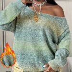 Elorivane Women Green Yellow Graphic Sweater, Oversized Off Shoulder Boho Vintage Streetwear Top