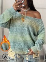Elorivane Women Green Yellow Graphic Sweater, Oversized Off Shoulder Boho Vintage Streetwear Top