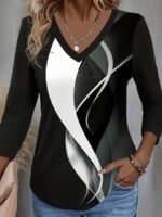 Elorivane Plus Size Black Geometric Top, V-Neck Long Sleeve Soft Tee, Autumn Office Casual Shirt - Image 7