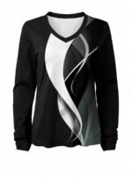 Elorivane Plus Size Black Geometric Top, V-Neck Long Sleeve Soft Tee, Autumn Office Casual Shirt - Image 9