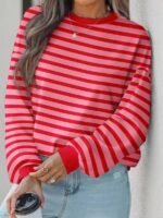 Elorivane Plus Size Striped Contrast Color Long Sleeve Sweatshirt Loose Casual for Fall Winter Halloween Christmas Wear - Image 11