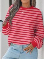 Elorivane Plus Size Striped Contrast Color Long Sleeve Sweatshirt Loose Casual for Fall Winter Halloween Christmas Wear - Image 13