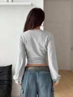 Elorivane Women Gray Solid Pleated Sweatshirt, Asymmetrical Neck Long Sleeve Grunge Fall Pullover - Image 4