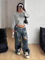 Elorivane Women Gray Solid Pleated Sweatshirt, Asymmetrical Neck Long Sleeve Grunge Fall Pullover - Image 5