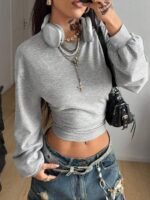 Elorivane Women Gray Solid Pleated Sweatshirt, Asymmetrical Neck Long Sleeve Grunge Fall Pullover - Image 2
